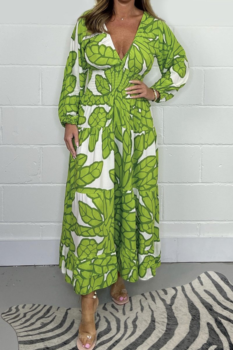 V-neck printed dress Light green