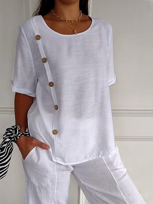 Women's Cotton and Linen Button Design Casual Shirt white