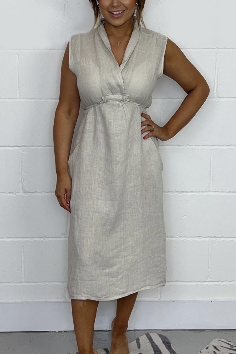 Tie Back Linen Dress Beige