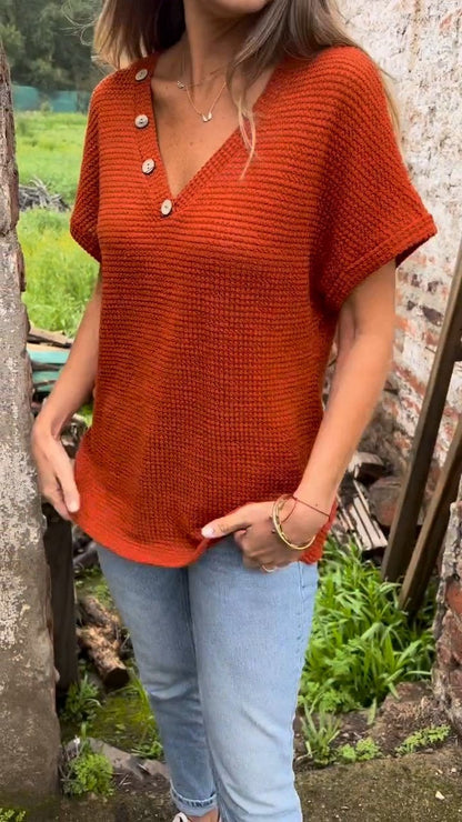 Knitted Cotton and Linen V-neck Top red