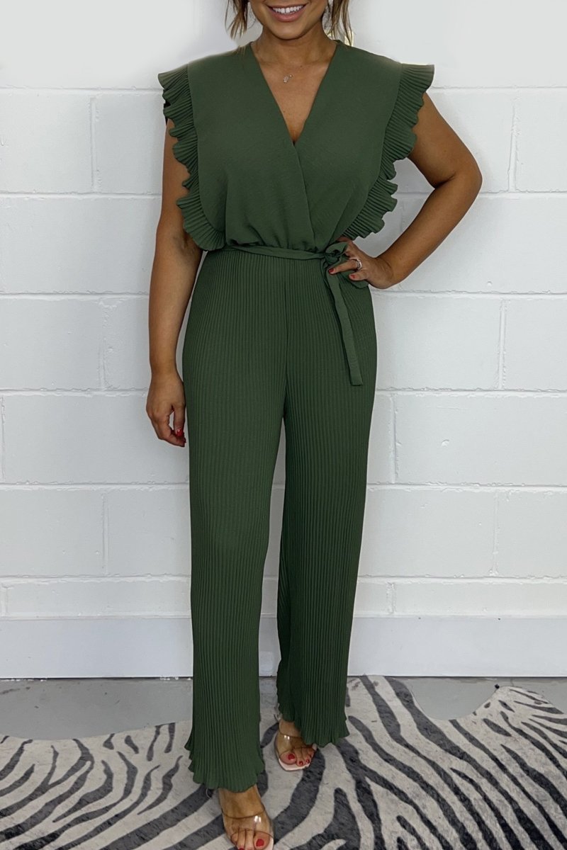 Tie Waist Pleated Leg Jumpsuit Army green