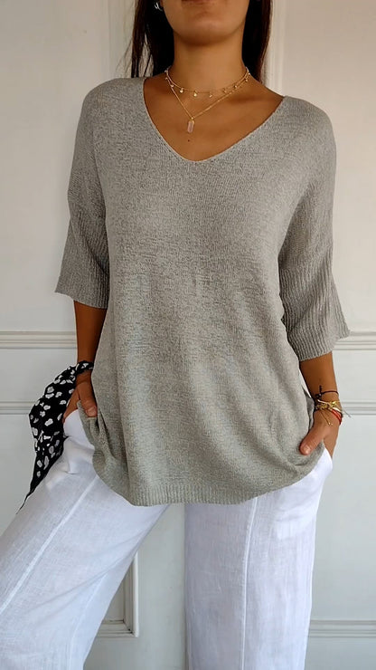 Solid Color Knitted V-neck Top gray