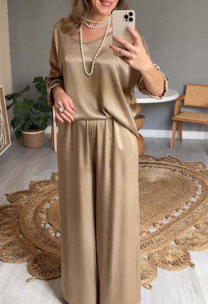 Round Neck Satin Mid-sleeve Two-piece Suit