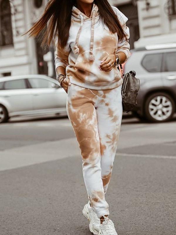 Tie-dye Loose Hooded Sweatshirt and Casual Pants Two-piece Set khaki