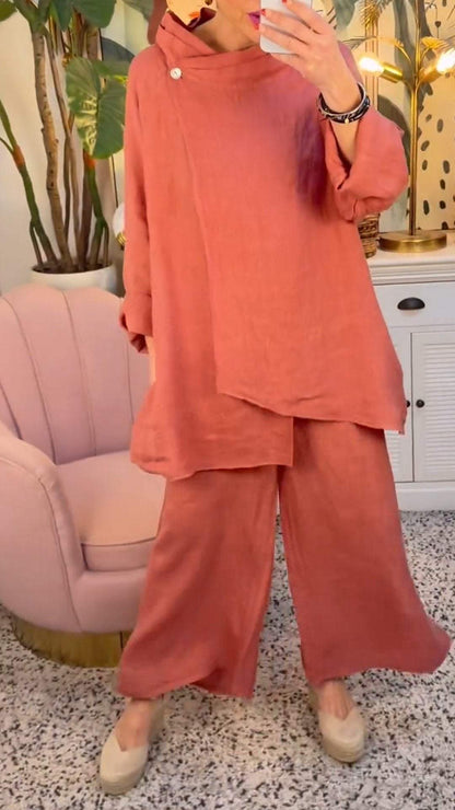 Round Neck Cotton and Linen Top + Trousers Two-piece Set Orange