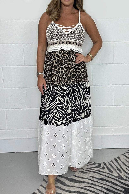 Women's Leopard Zebra Print Laser Cut Spaghetti Strap Maxi Dress Brown