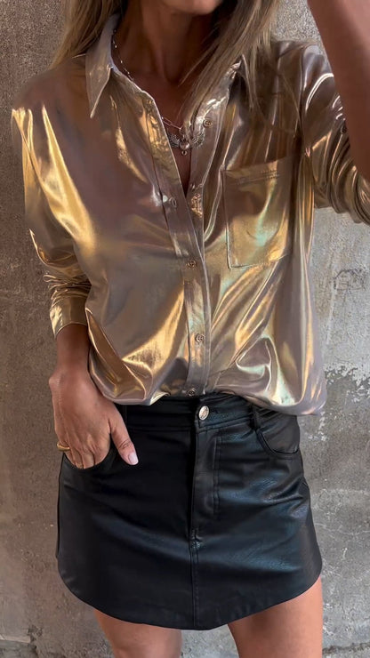 Lapel Long Sleeve Laser Design Top gold