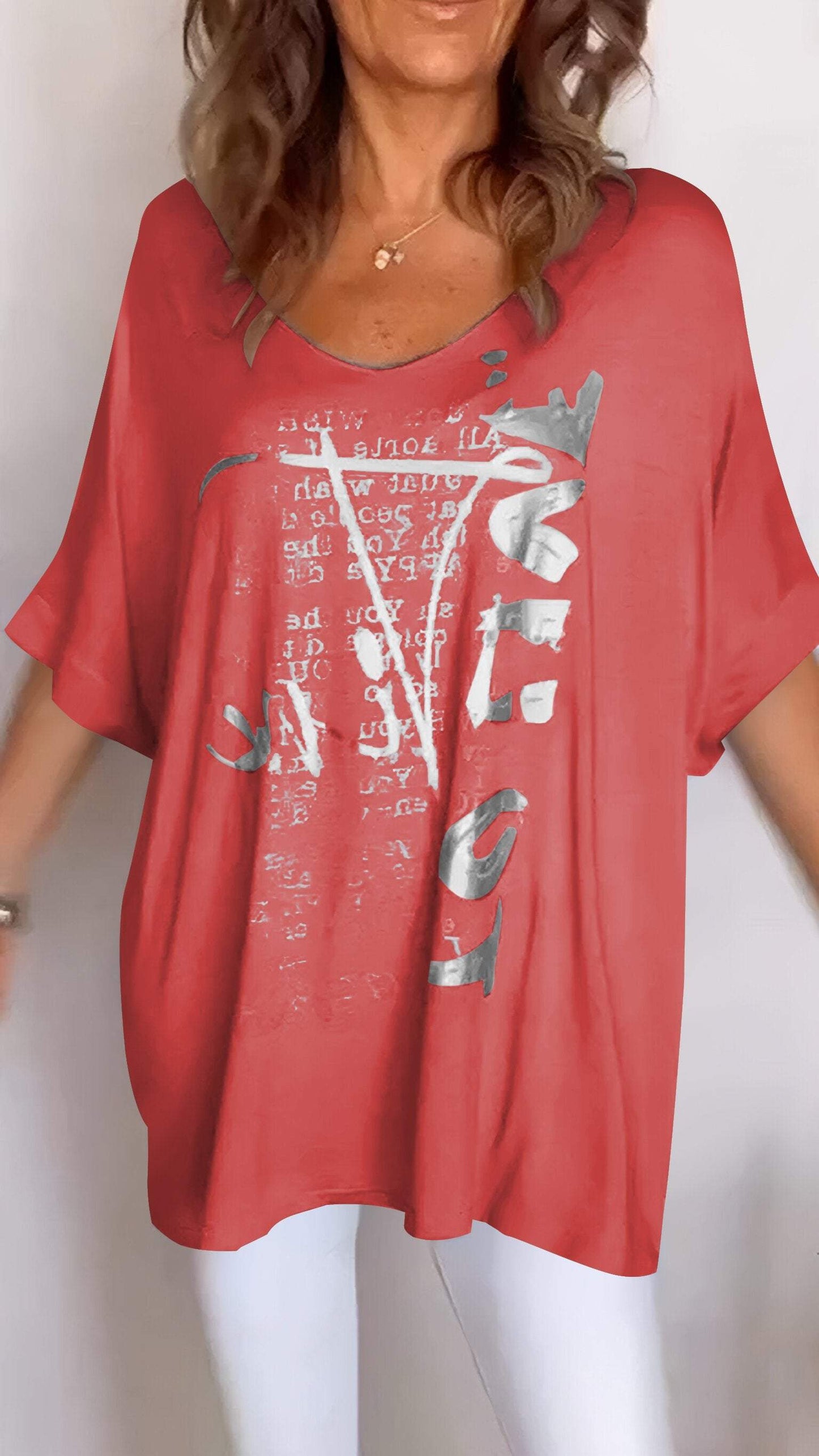 Women's V-neck Printed Mid-sleeve Casual Top