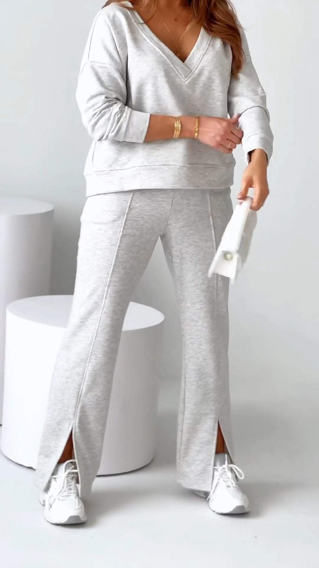 Casual V-neck Long-sleeved Top and Pants Suit