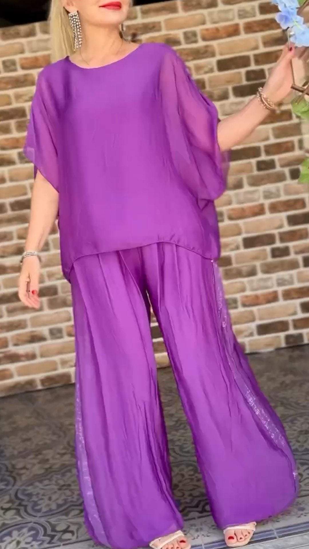 Chiffon Sequined Top + Trousers Two-piece Set Purple