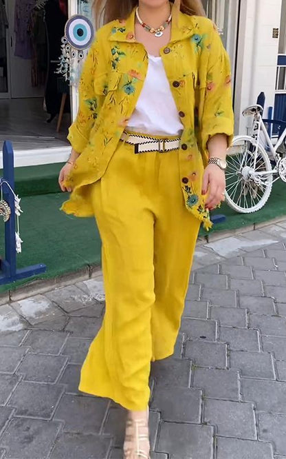 Casual Lapel Single-breasted Printed Two-piece Suit Yellow