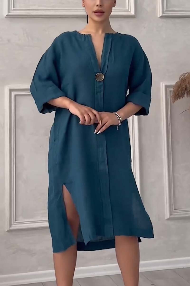 Casual buttoned cotton and linen dress Peacock blue