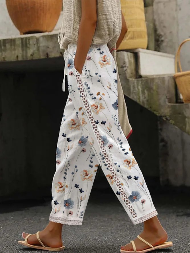 Lace Casual Loose Floral Pants White