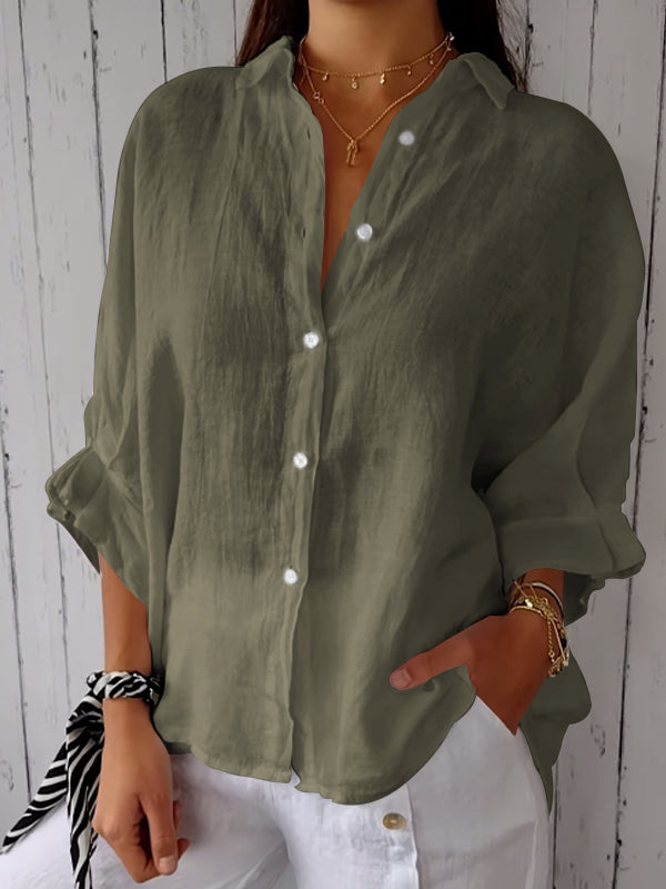 Women's Cotton and Linen Solid Color Casual Shirt green Tops