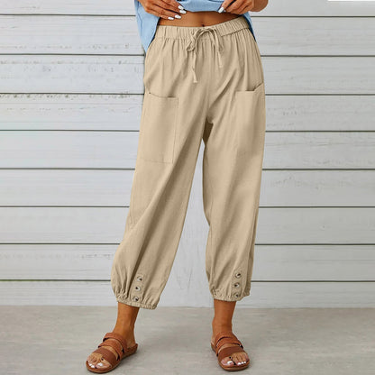 Women's Linen Cotton Pocket Ruffle Casual Pants Wide Leg Pants Khaki