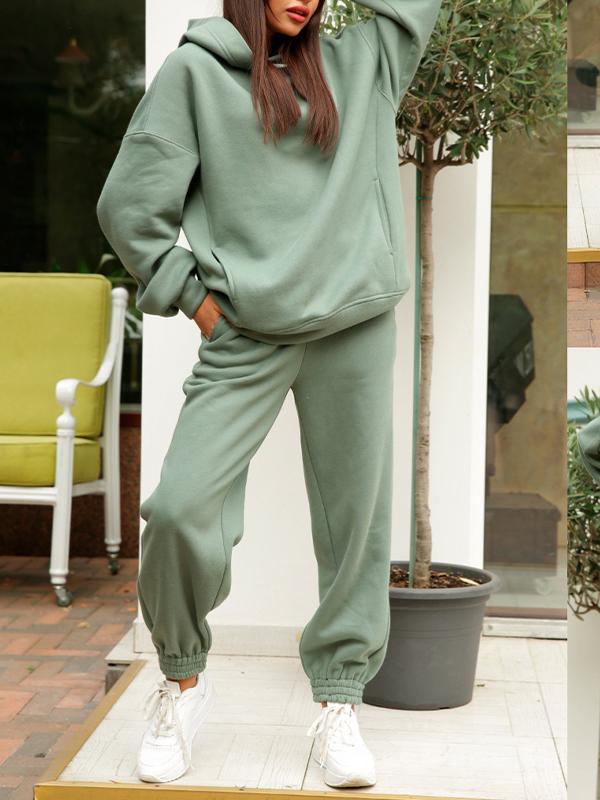 Solid Color Hooded Sweatshirt Casual Two Piece Set green