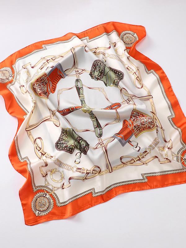 Vintage Satin Monogram Printed Silk Scarf Orange One Size