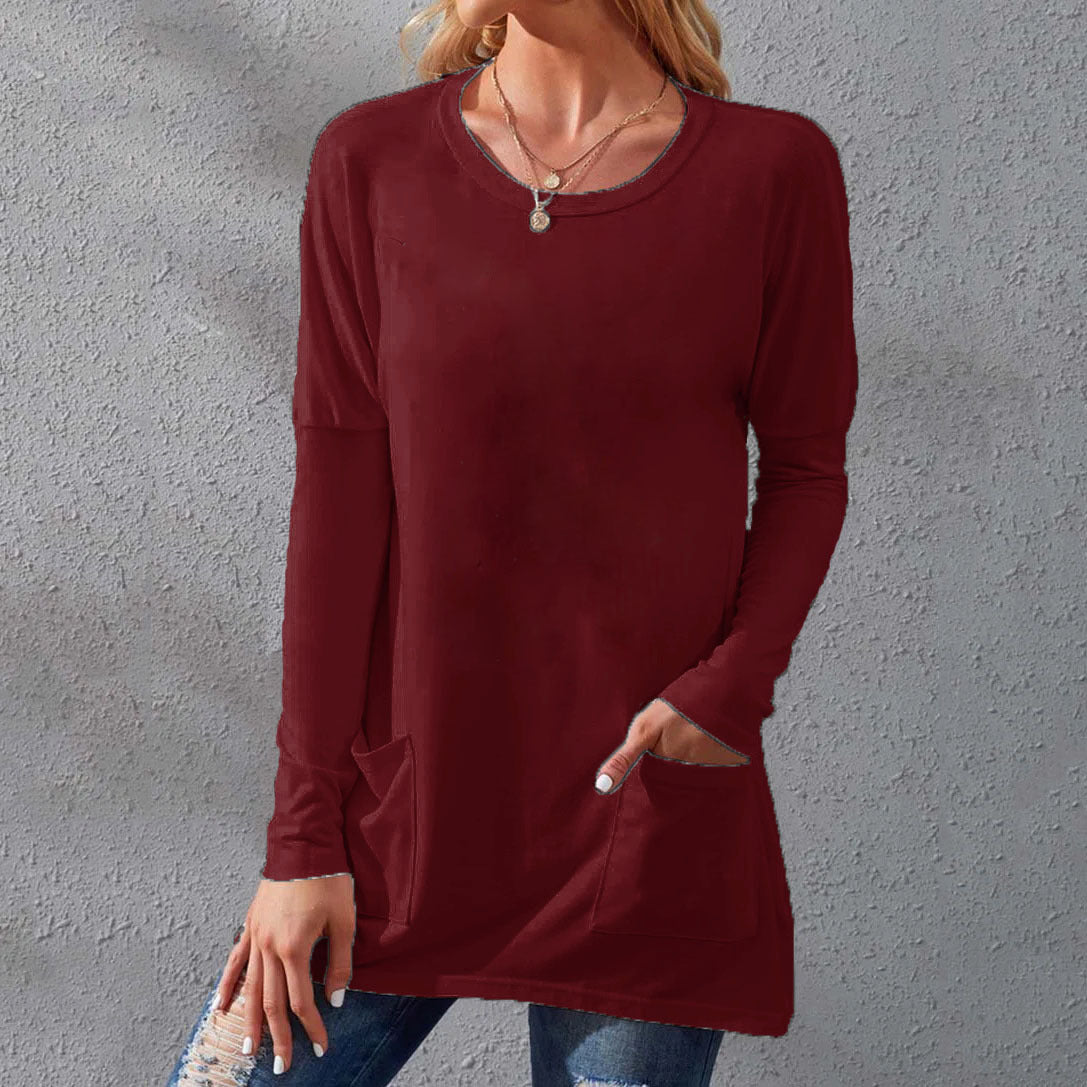 Round neck long sleeves loose pockets solid color T-shirt Claret