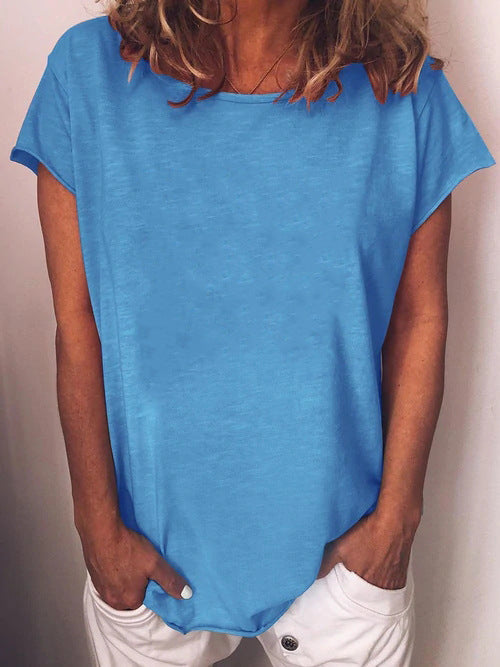 Casual Solid Round Neck Short Sleeve T-Shirt Blue