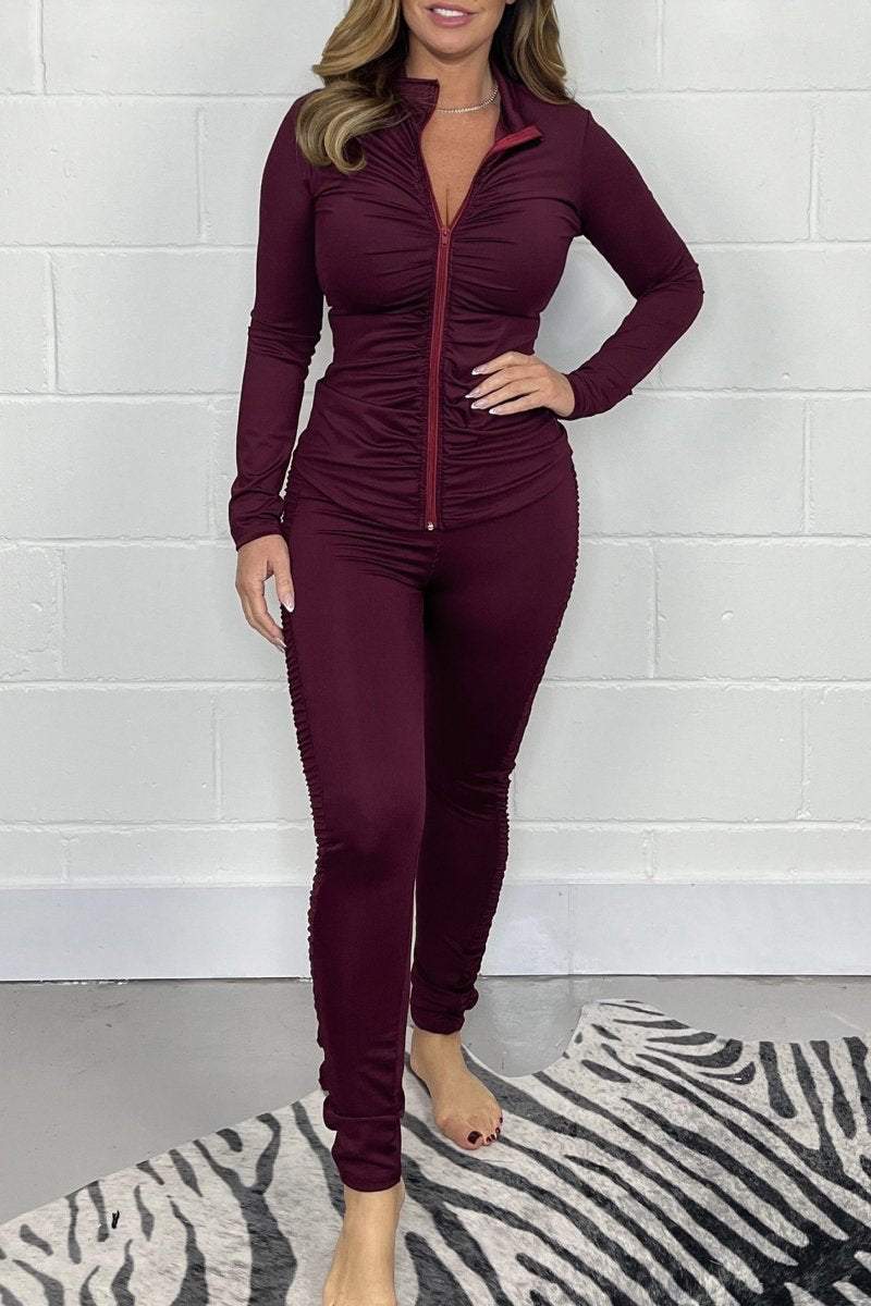 Women's Solid Pleated Zipper Suit