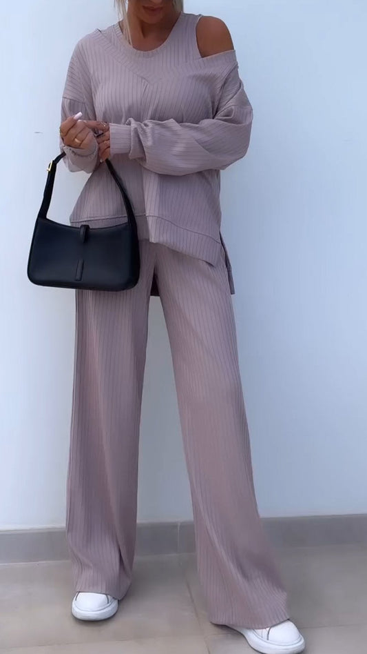 Casual V-neck Long-sleeved Three-piece Suit nude