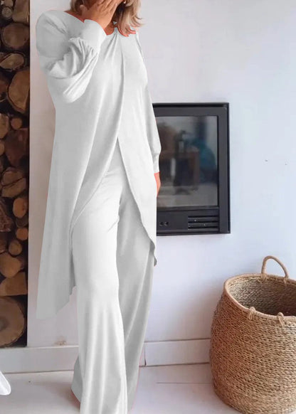 Round Neck Long Cardigan and Trousers Suit white