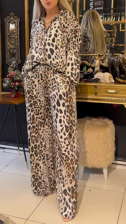 Women's Leopard Print Lapel Long Sleeve Casual Suit