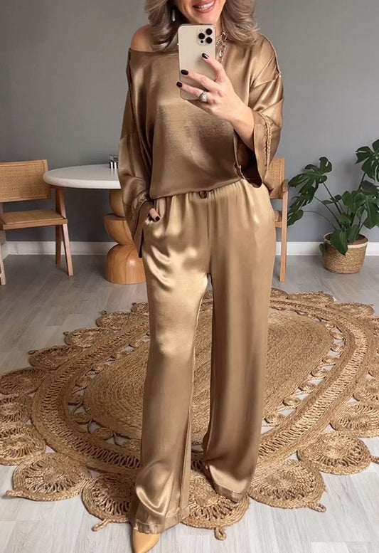 Satin Crew Neck Long Sleeve Two-piece Suit gold