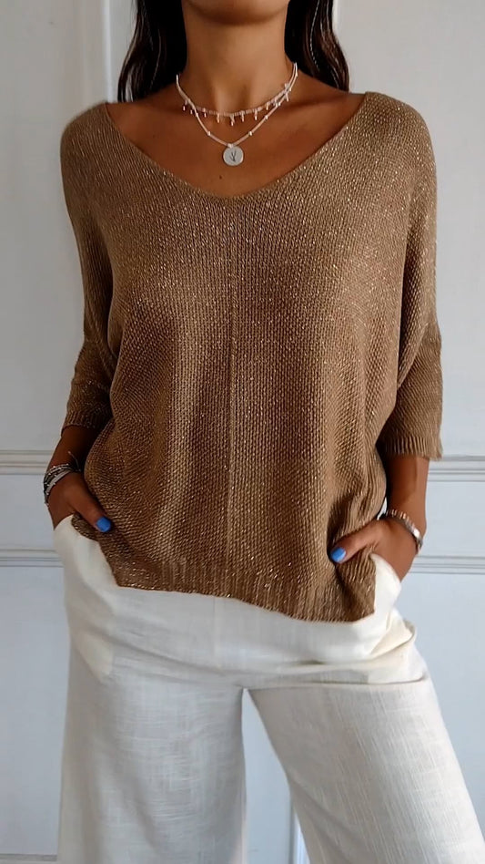 V-neck Mid-sleeve Knitted Comfort Top brown