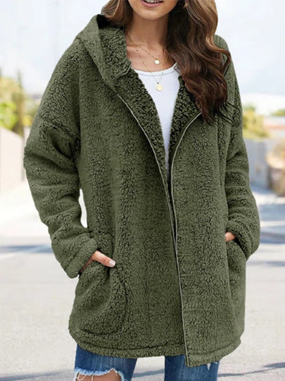 Women Autumn Winter Causal Daily Plush Fleece Zipper Long Sleeve Teddy Coat