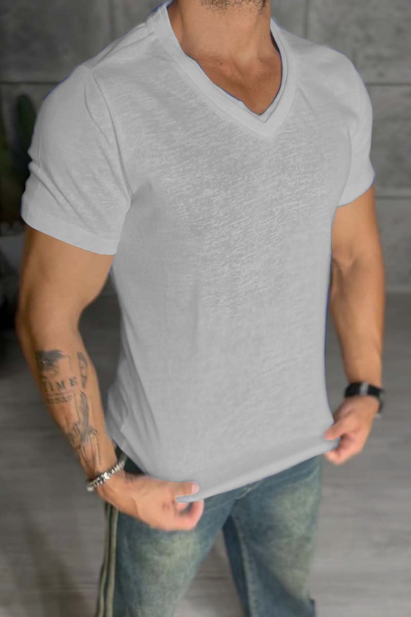 Men's Casual V-Neck Slim Fit Solid Color Short Sleeve T-Shirt