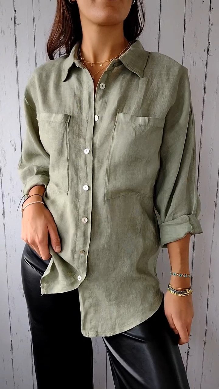 Cotton and Linen Solid Color Shirt green