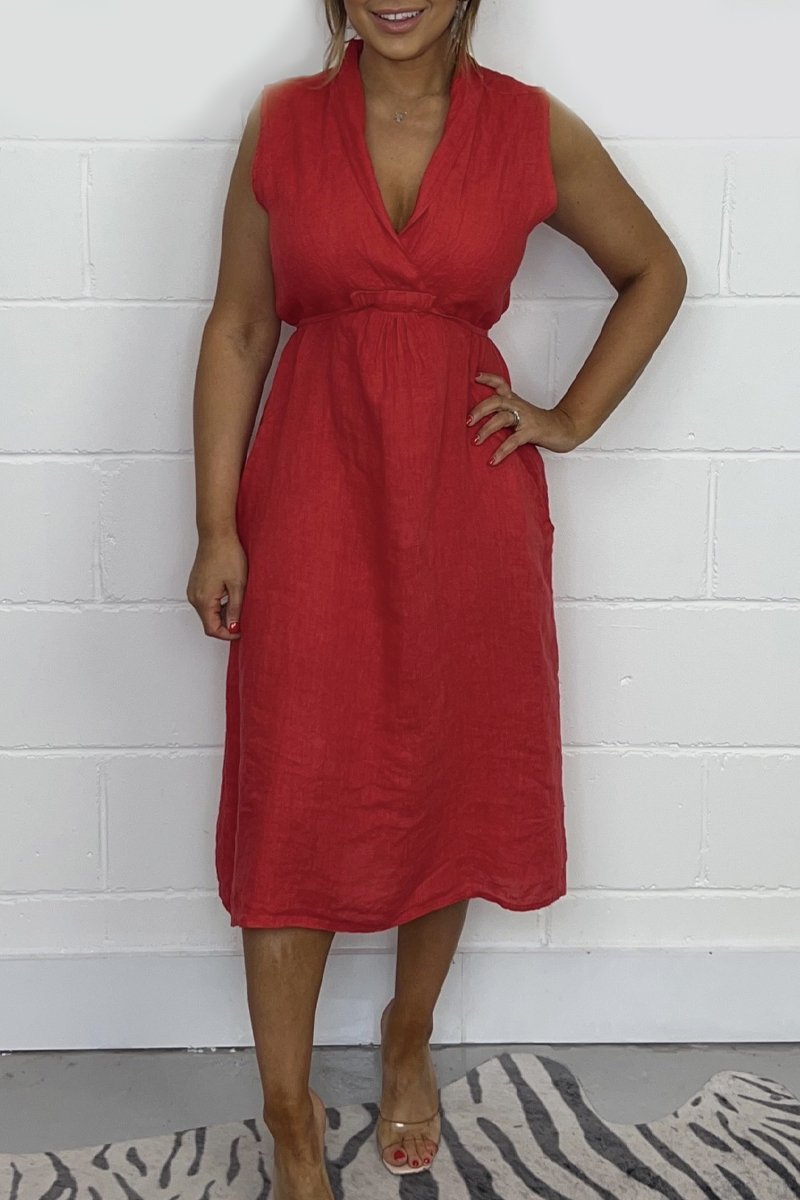 Tie Back Linen Dress Red