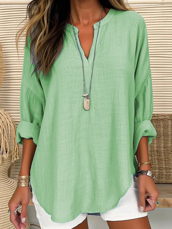 V Neck Long Sleeve Plain Regular Loose Shirt For Women Green