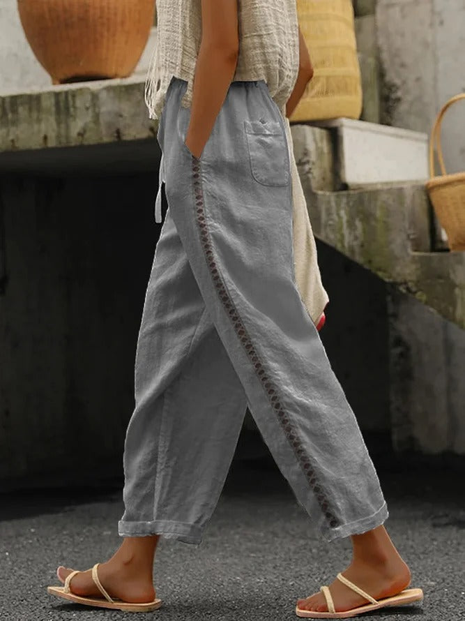 Loose Casual Hollow Out Lace Pockets Drawstring Waist Plain Linen Pants Grey