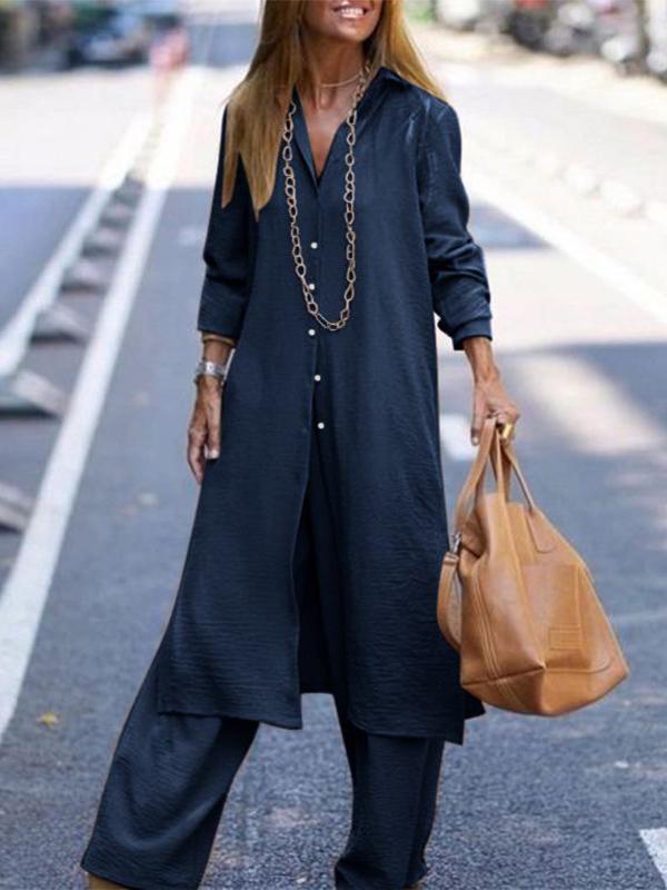 Casual Shirt and Long Sleeve Pant Suit Navy blue