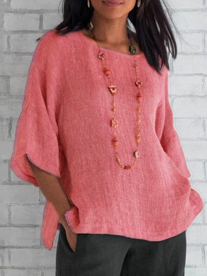 Fashion women's sleeve round neck cotton linen shirt pink