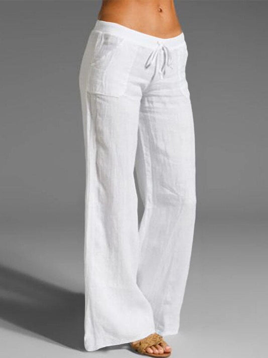 Ladies retro linen trousers casual elastic pants White