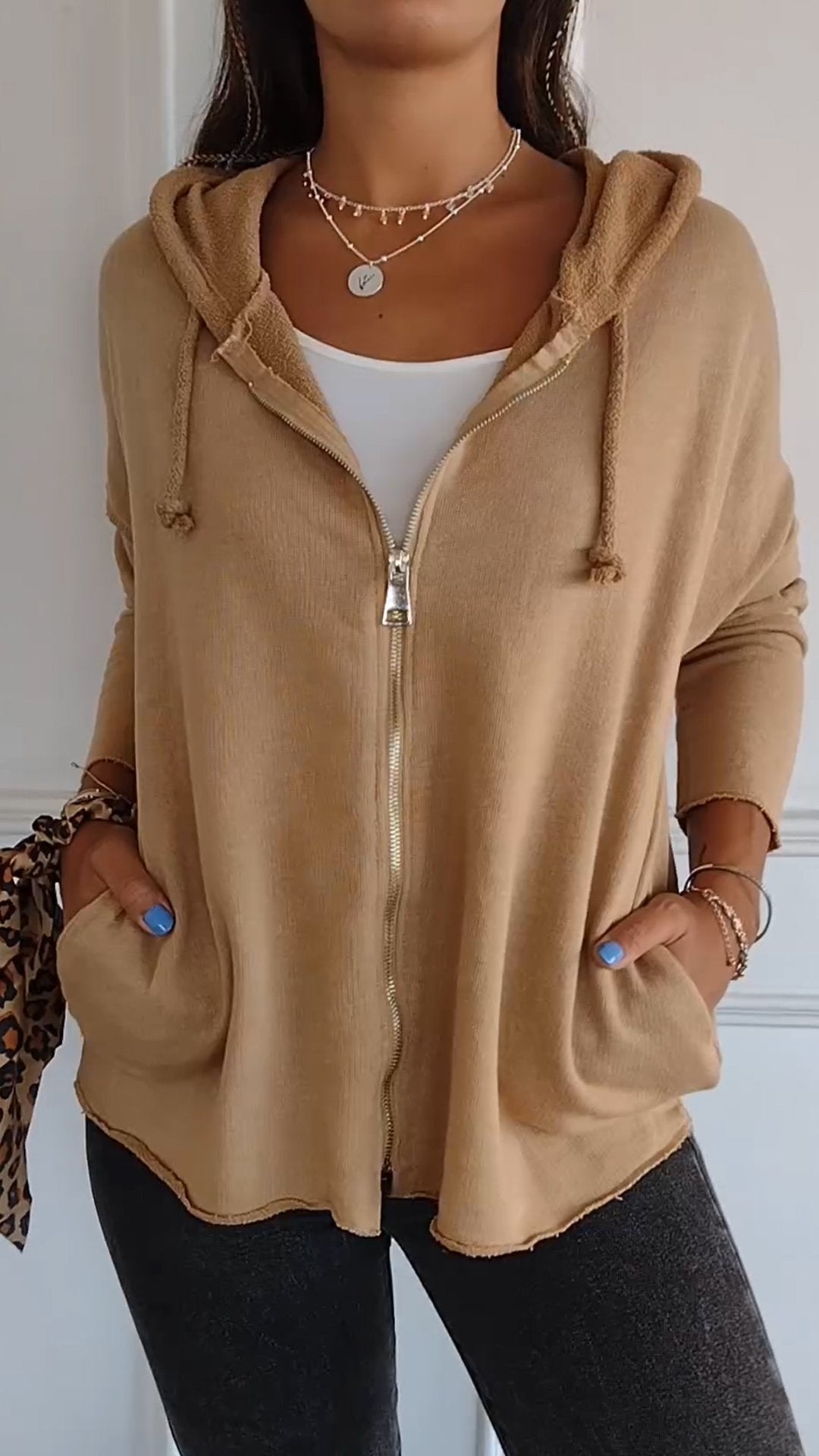 Hooded Zip-up Casual Top khaki