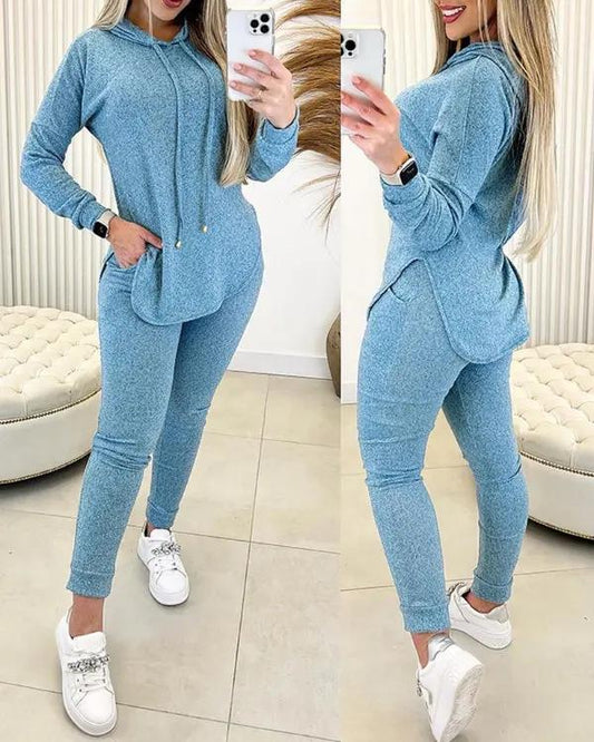 Women's Casual Hooded Sweatshirt & Pocket Design Pants Set