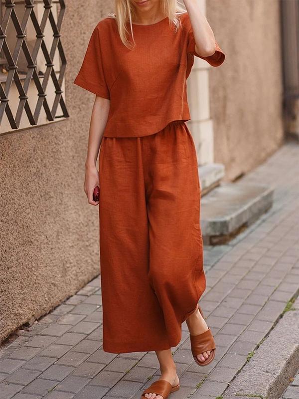 Loose Solid Color Shirt and Trousers Two-piece Set orange