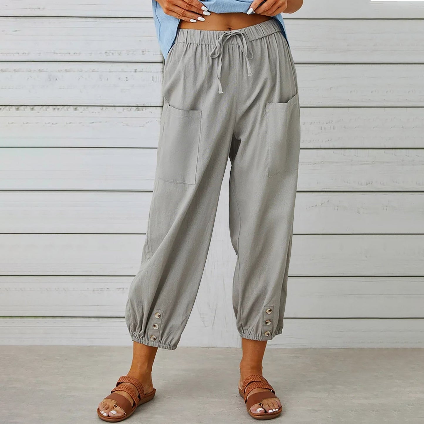 Women's Linen Cotton Pocket Ruffle Casual Pants Wide Leg Pants Light Gray