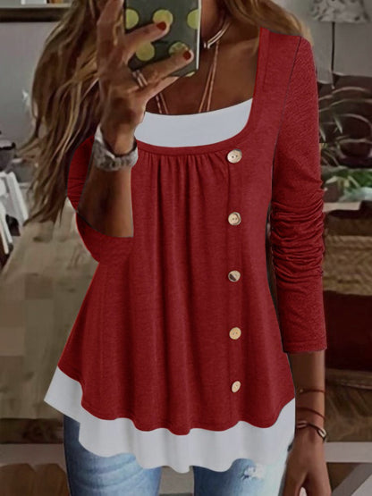 Casual Plain Button-Embellished Long-Sleeve Sweatshirts Red