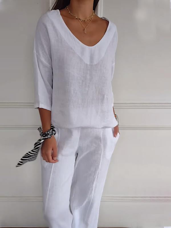 Women's Cotton and Linen V-neck Solid Color Two-piece Set White