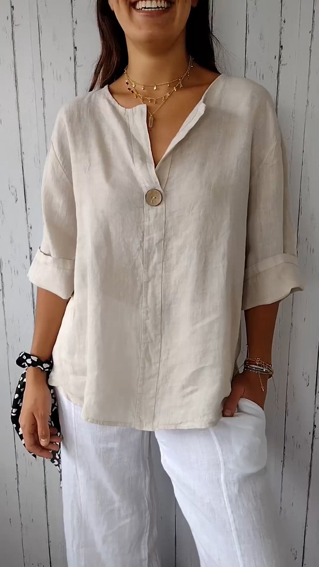 V-neck Cotton and Linen Comfortable Top apricot