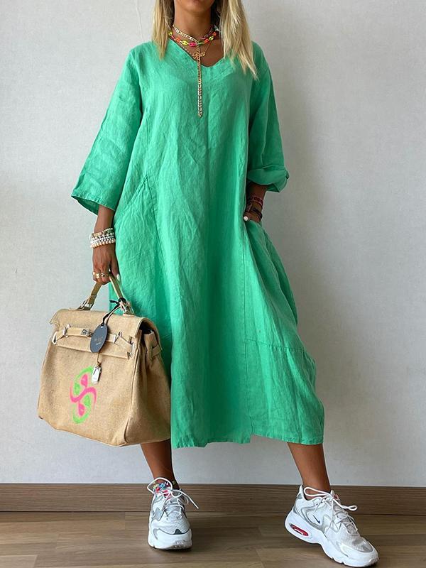 Casual Plain Cotton and Linen Dress green