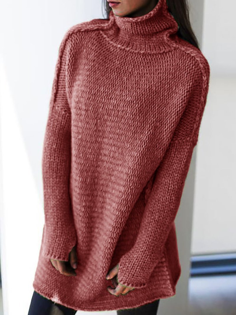 Solid Color Turtleneck Long Sleeve Pullover red