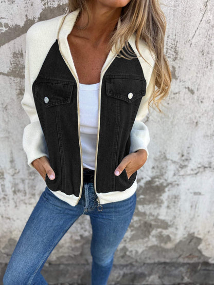 Casual V-neck Zipper Jacket White