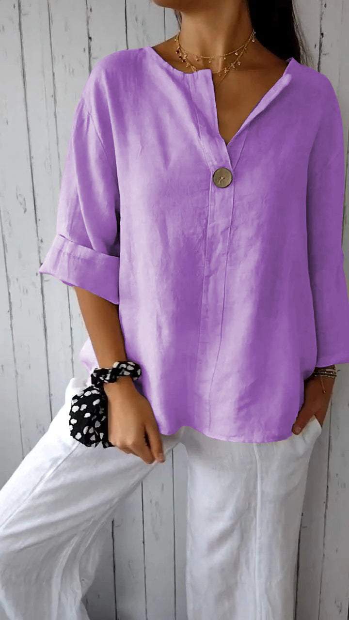 V-neck Mid-sleeve Cotton and Linen Top purple