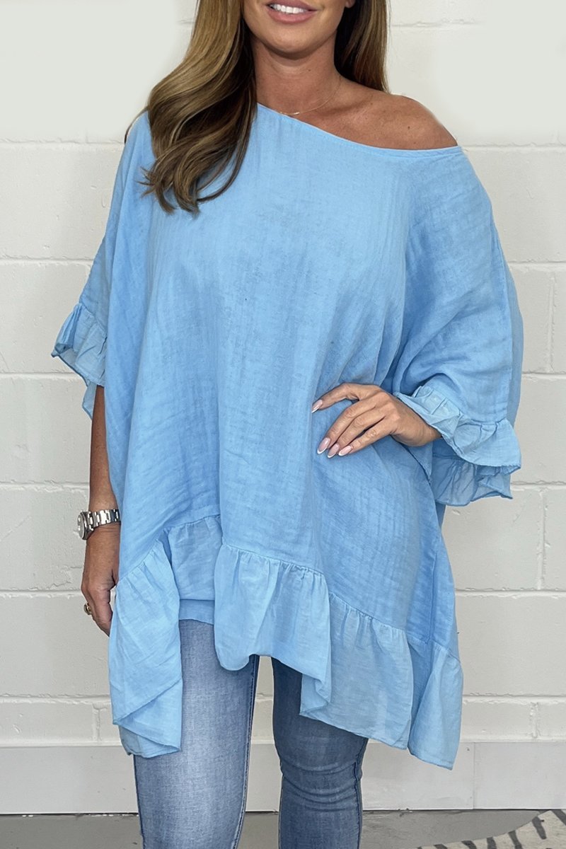 Solid color loose cotton and linen top Light blue